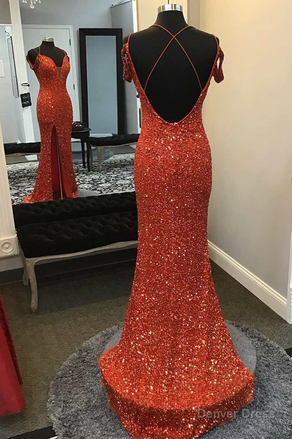 Red Sequin Off The Shoulder Mermaid Long Prom Dresses with Slit