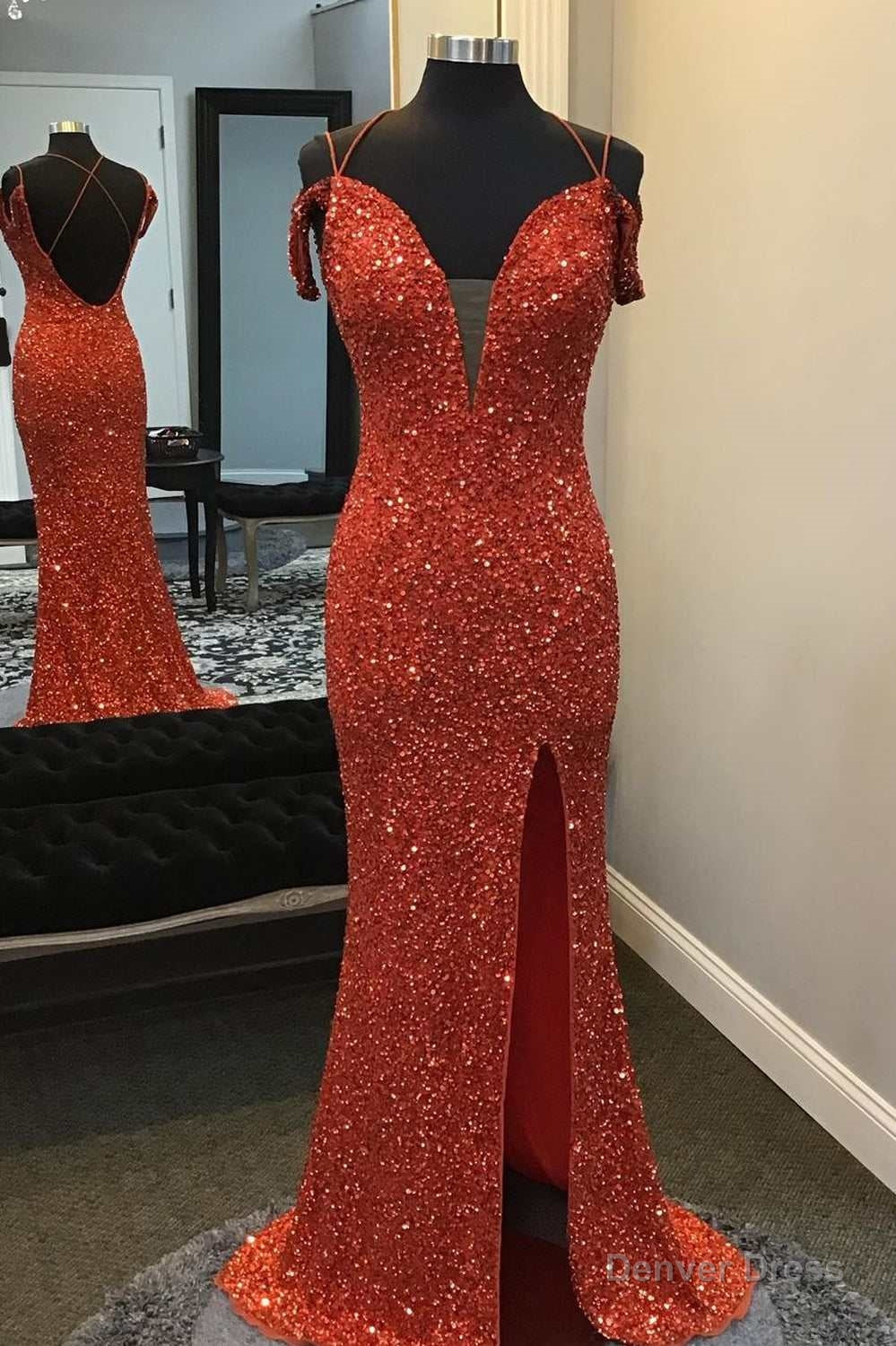 Red Sequin Off The Shoulder Mermaid Long Prom Dresses with Slit