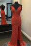 Red Sequin Off The Shoulder Mermaid Long Prom Dresses with Slit