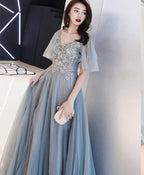 Gray V Neck Cap Sleeve Tulle Lace Long Prom Dress