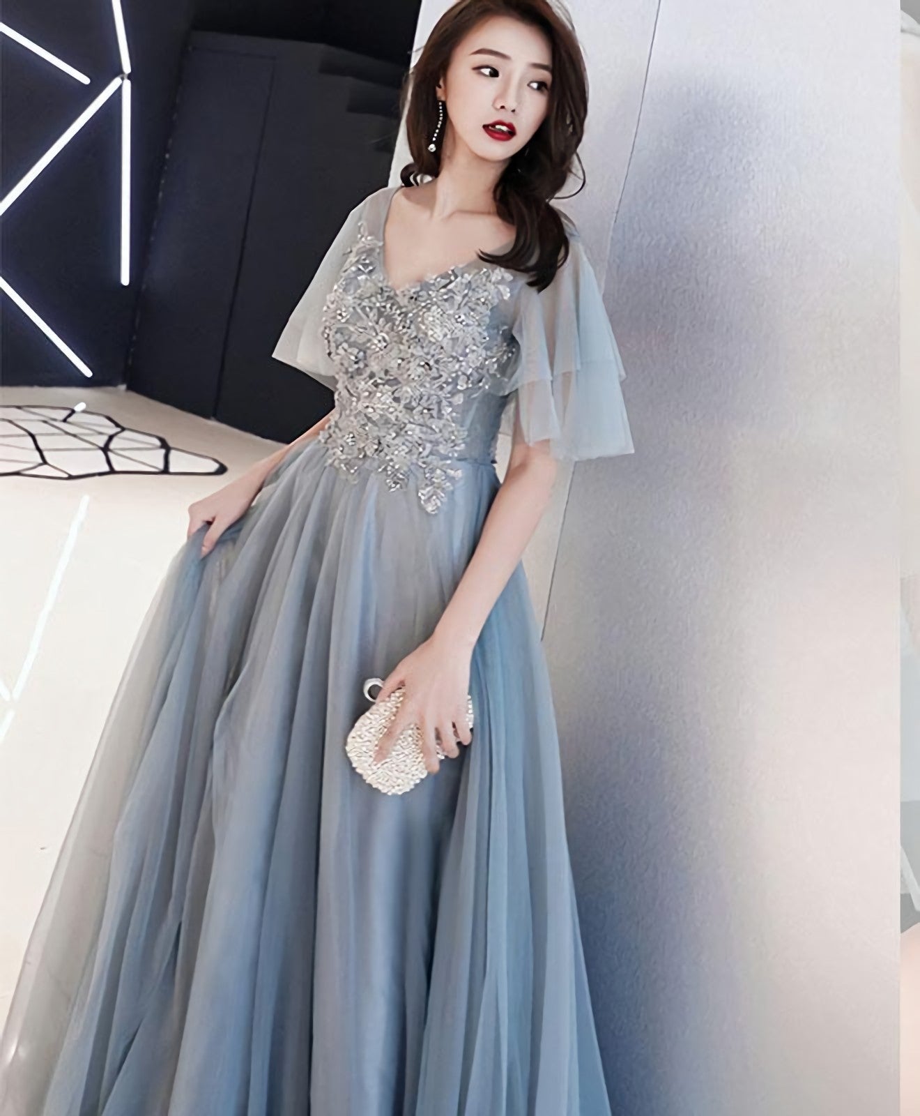 Gray V Neck Cap Sleeve Tulle Lace Long Prom Dress