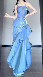 Blue Satin Long Straps Prom Dress Wine Red A Line Prom Dresses