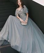 Gray V Neck Cap Sleeve Tulle Lace Long Prom Dress