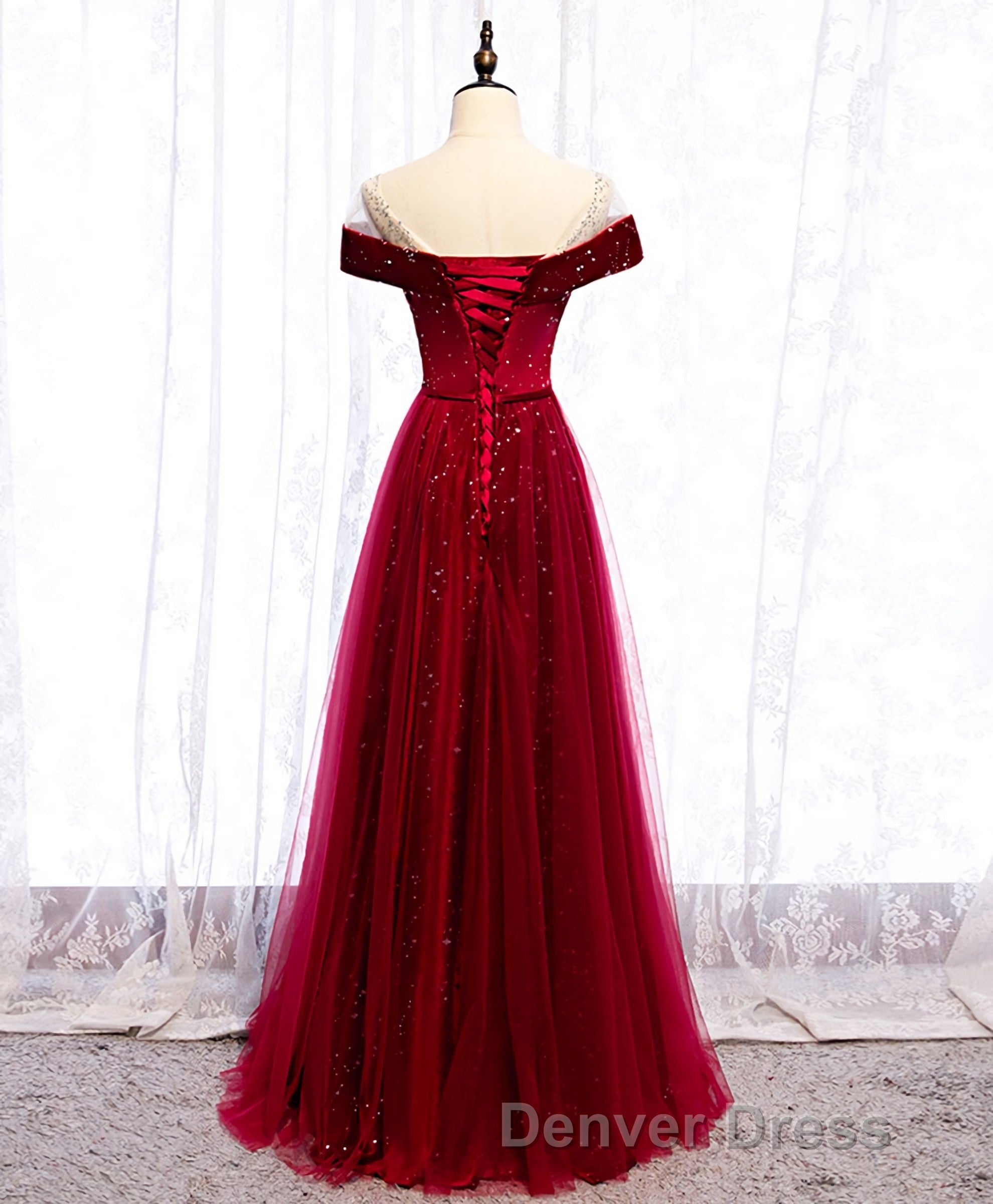 Burgundy Round Neck Tulle Sequin Long Prom Dresses, Tulle Formal Dresses Secondary image