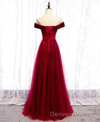 Burgundy Round Neck Tulle Sequin Long Prom Dresses, Tulle Formal Dresses