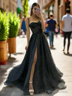 Black Sweetheart Neck Tulle Long Prom Dresses