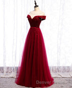 Burgundy Round Neck Tulle Sequin Long Prom Dresses, Tulle Formal Dresses