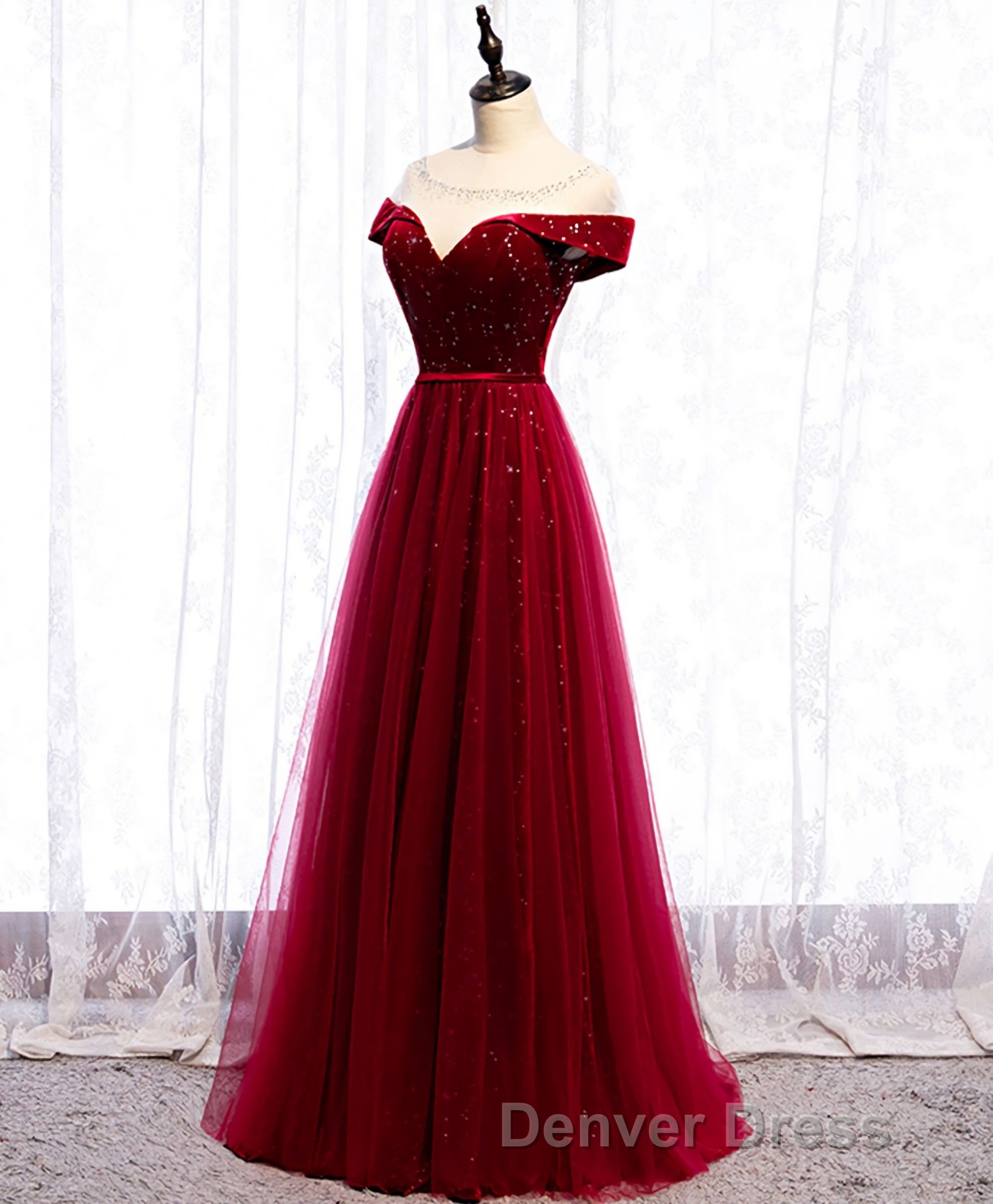 Burgundy Round Neck Tulle Sequin Long Prom Dresses, Tulle Formal Dresses