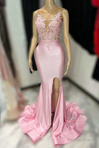 Pink Lace Satin Mermaid Long Prom Dresses with Slit
