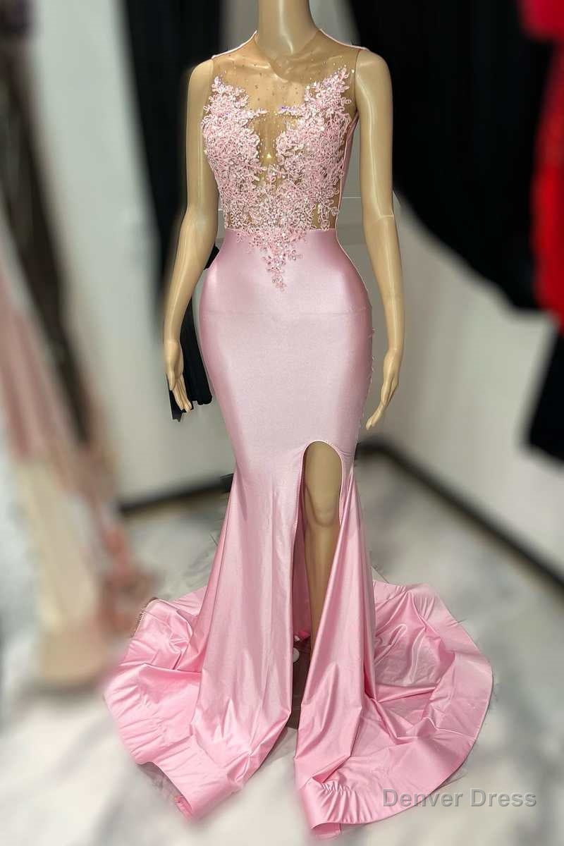 Pink Lace Satin Mermaid Long Prom Dresses with Slit