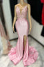 Pink Lace Satin Mermaid Long Prom Dresses with Slit
