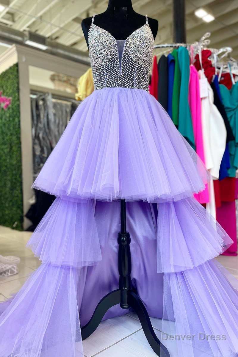 High-Low Lavender Beaded Multi-Tiered Prom Dress Main image