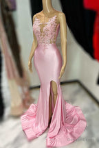 Pink Lace Satin Mermaid Long Prom Dresses with Slit