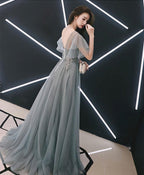Gray V Neck Cap Sleeve Tulle Lace Long Prom Dress