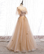 Champagne Round Neck Tulle Lace Long Prom Dresses, Formal Dresses