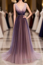 Simple V Neck Tulle Long Prom Dresses, Tulle Evening Dresses