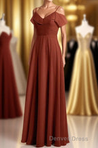 Rust Orange Chiffon Straps Ruffled A-Line Bridesmaid Dresses
