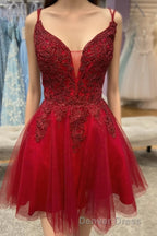 Red Plunging V Neck Lace-Up Appliques Tulle Homecoming Dresses