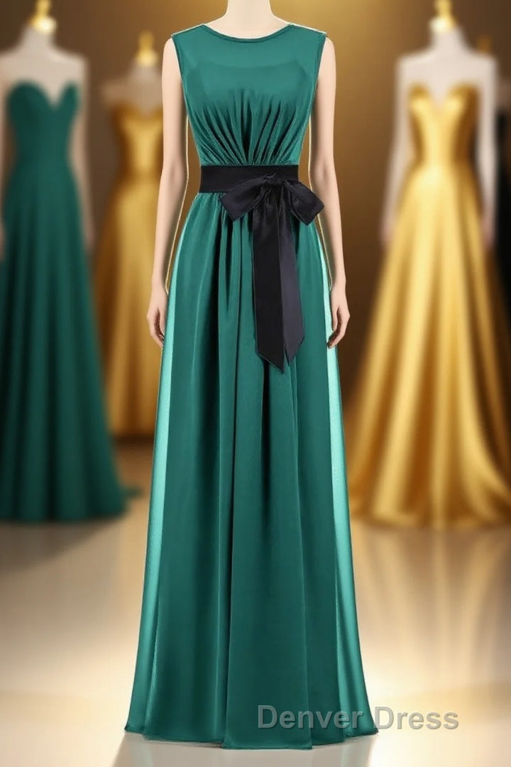 Hunter Green Crew Neck Belted Long Bridesmaid Dresses Main image