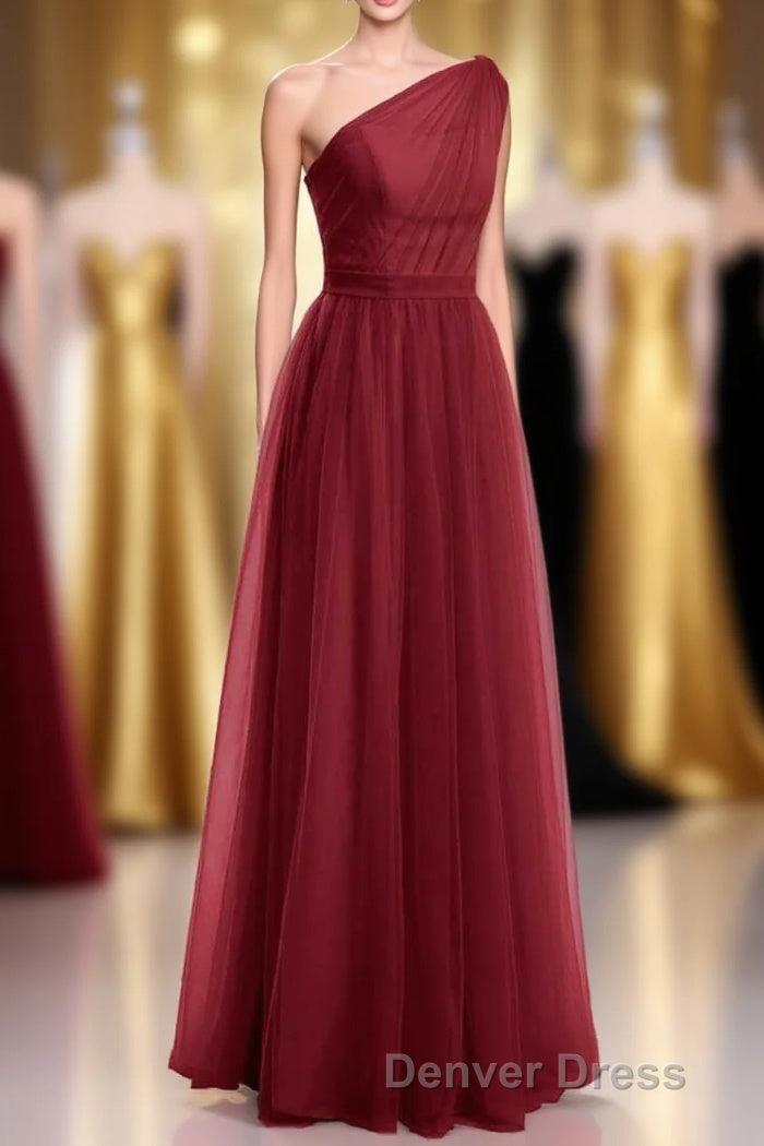 Wine Red Tulle One-Shoulder A-Line Bridesmaid Dresses Main image