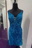 Blue Plunging V Neck Lace Up Sequins Sheath Homecoming Dresses