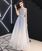 Blue Round Neck Tulle Long Prom Dress, Blue Tulle Prom Dresses