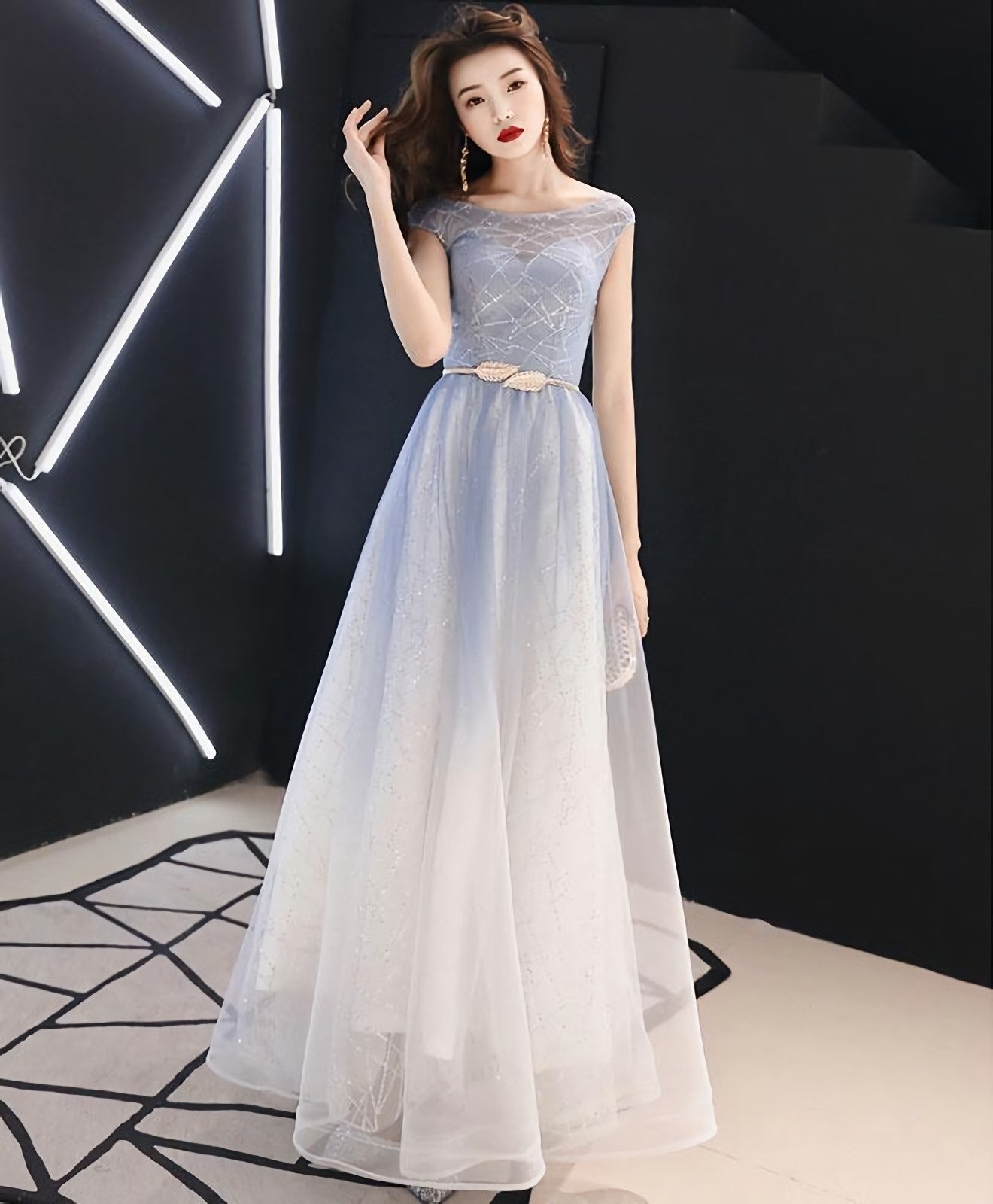 Blue Round Neck Tulle Long Prom Dress, Blue Tulle Prom Dresses