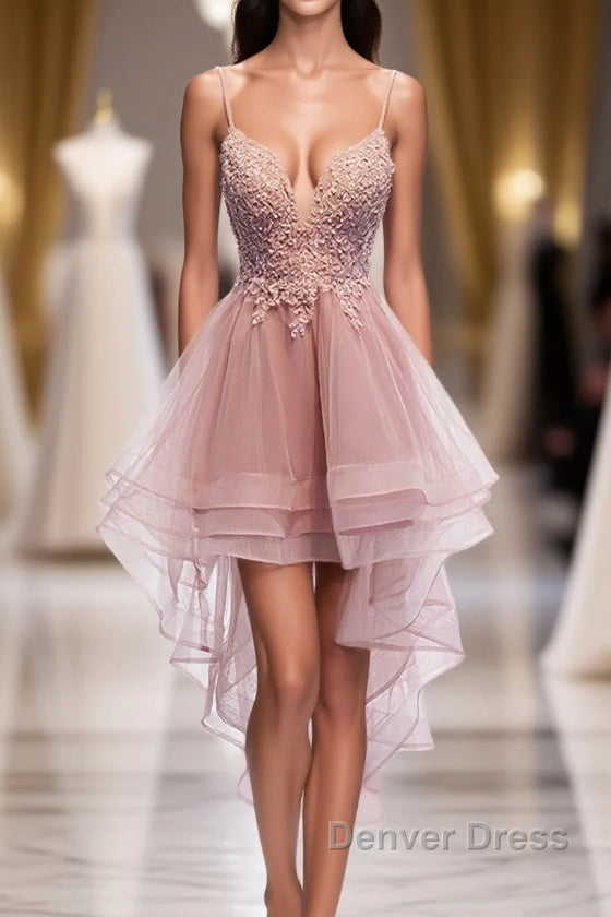 Pink Tulle Lace High Low Prom Dresses, Pink Homecoming Dresses, 1 Main image