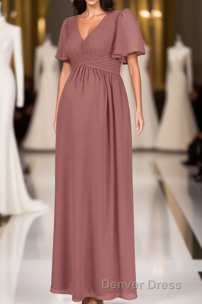 Brown V Neck High Waist Long Maternity Bridesmaid Dresses Main image