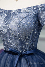 Navy Blue Off-the-Shoulder Beaded A-Line Short Party Dress