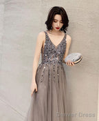 Gray V Neck Tulle Beads Long Prom Dress Gray Tulle Prom Dresses