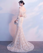 Champagne Tulle Lace Mermaid Long Prom Dress Tulle Lace Prom Dresses