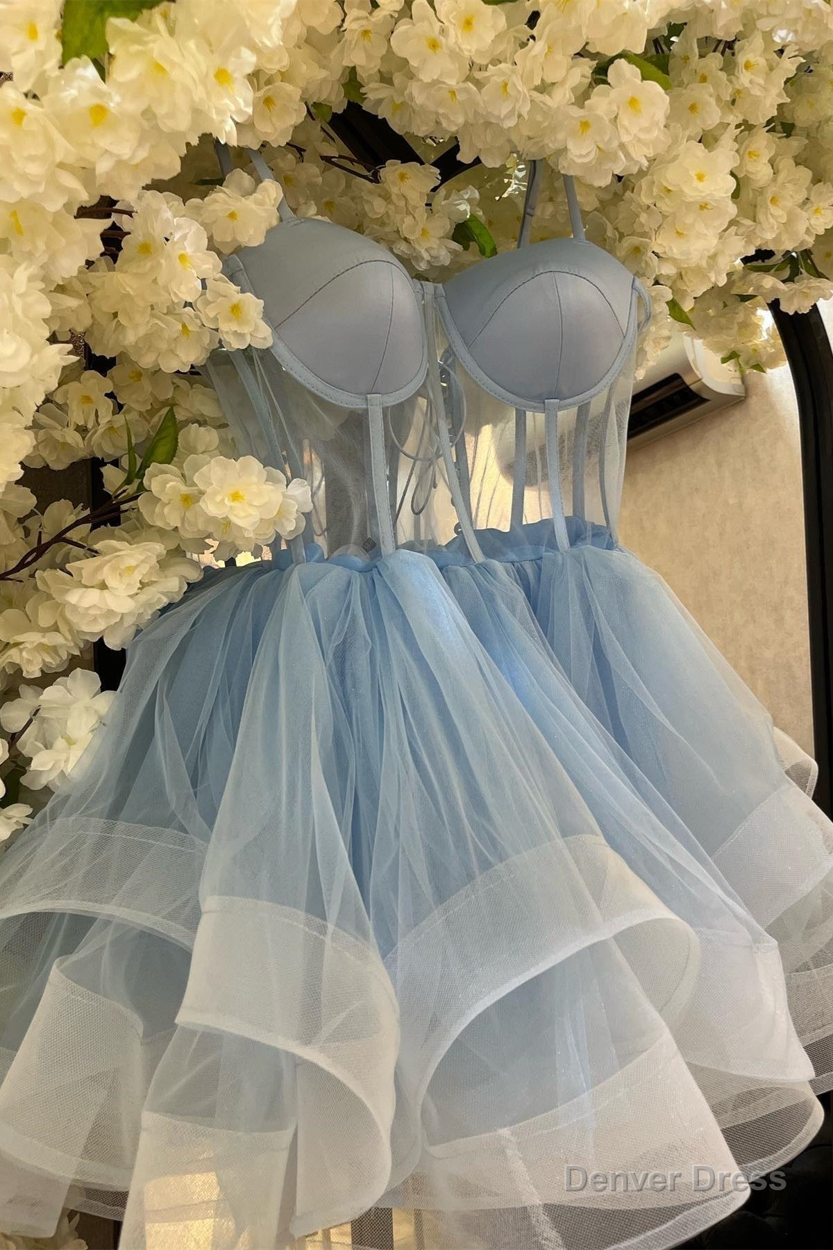 Light Blue A Line Illusion Tulle Homecoming Dresses Main image