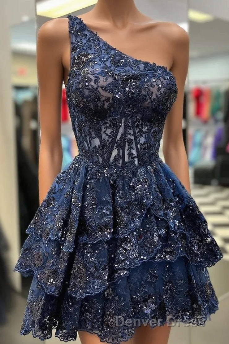Dark Navy A-line One Shoulder Multi-Layers Homecoming Dresses Main image