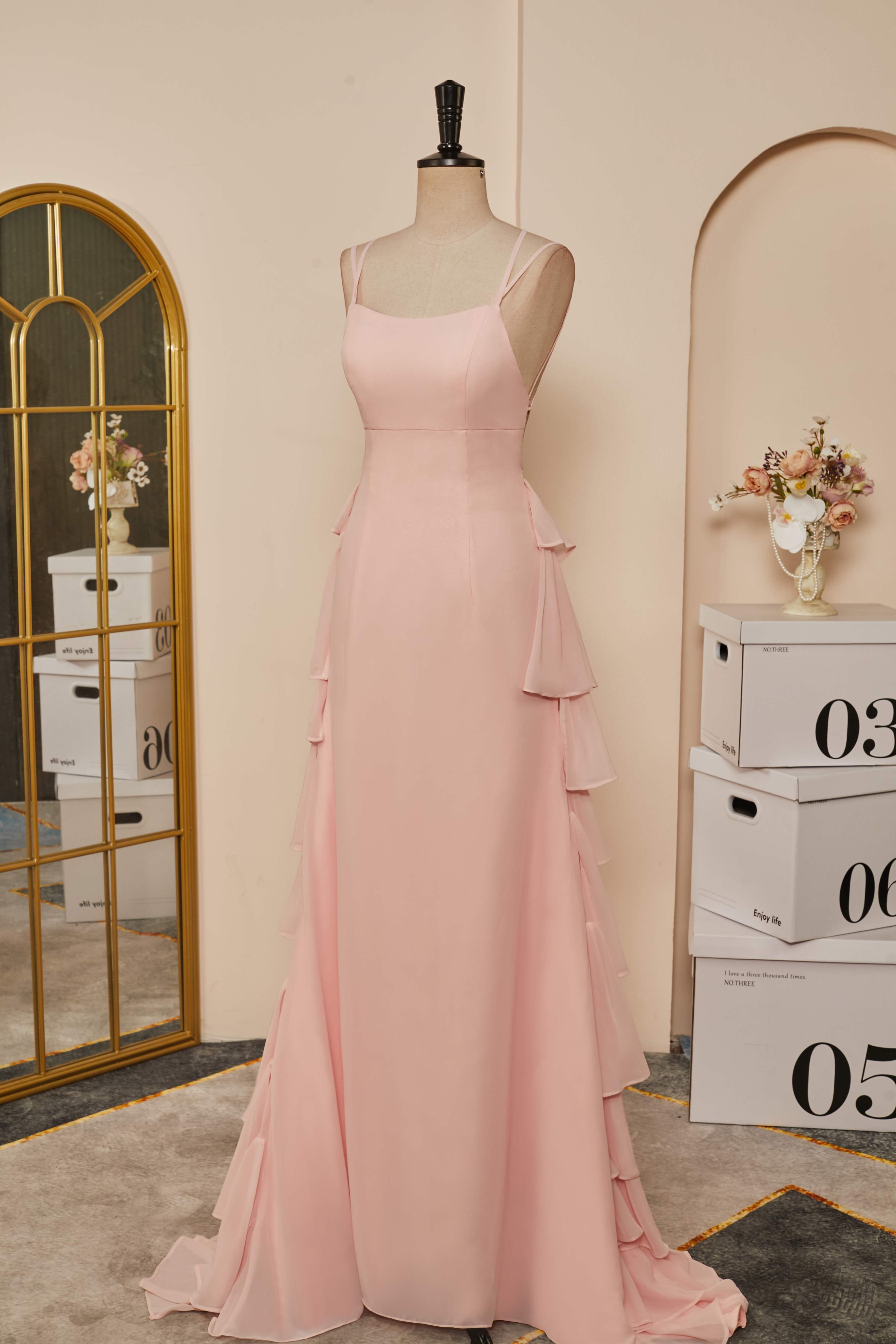 Pink Lace Up Mermaid Layers Long Prom Dresses