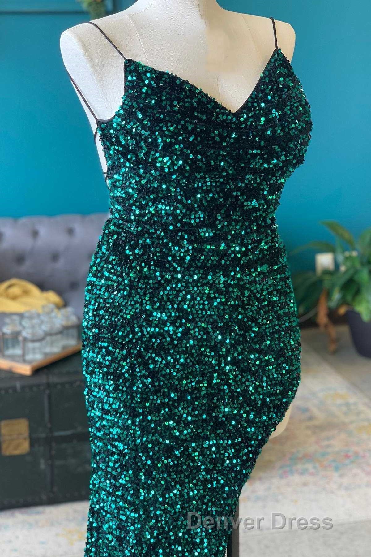 Red Sequin Cowl Neck Lace-Up Back High-Low Prom Dresses