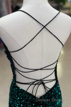 Red Sequin Cowl Neck Lace-Up Back High-Low Prom Dresses