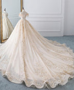 Champagne Off Shoulder Tulle Lace Long Wedding Dresses, Wedding Gowns