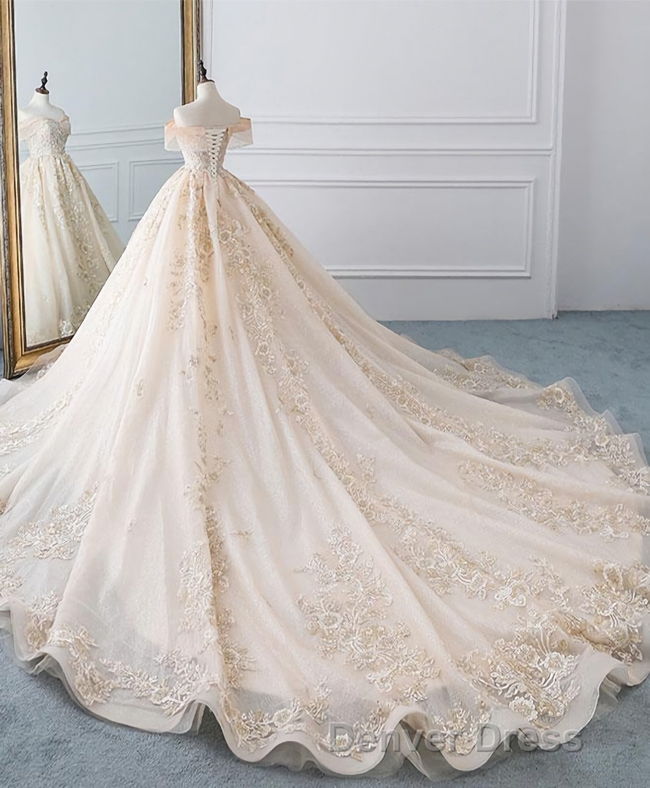 Champagne Off Shoulder Tulle Lace Long Wedding Dresses, Wedding Gowns