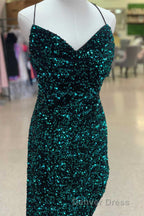 Red Sequin Cowl Neck Lace-Up Back High-Low Prom Dresses