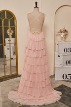 Pink Lace Up Mermaid Layers Long Prom Dresses