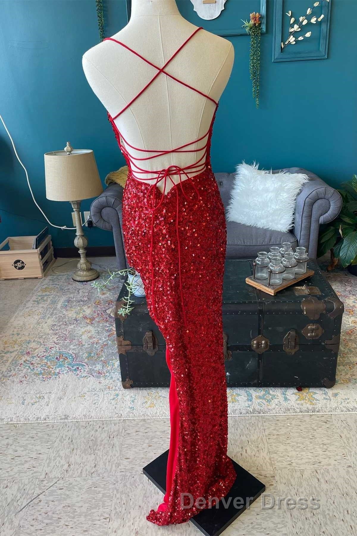 Red Sequin Cowl Neck Lace-Up Back High-Low Prom Dresses