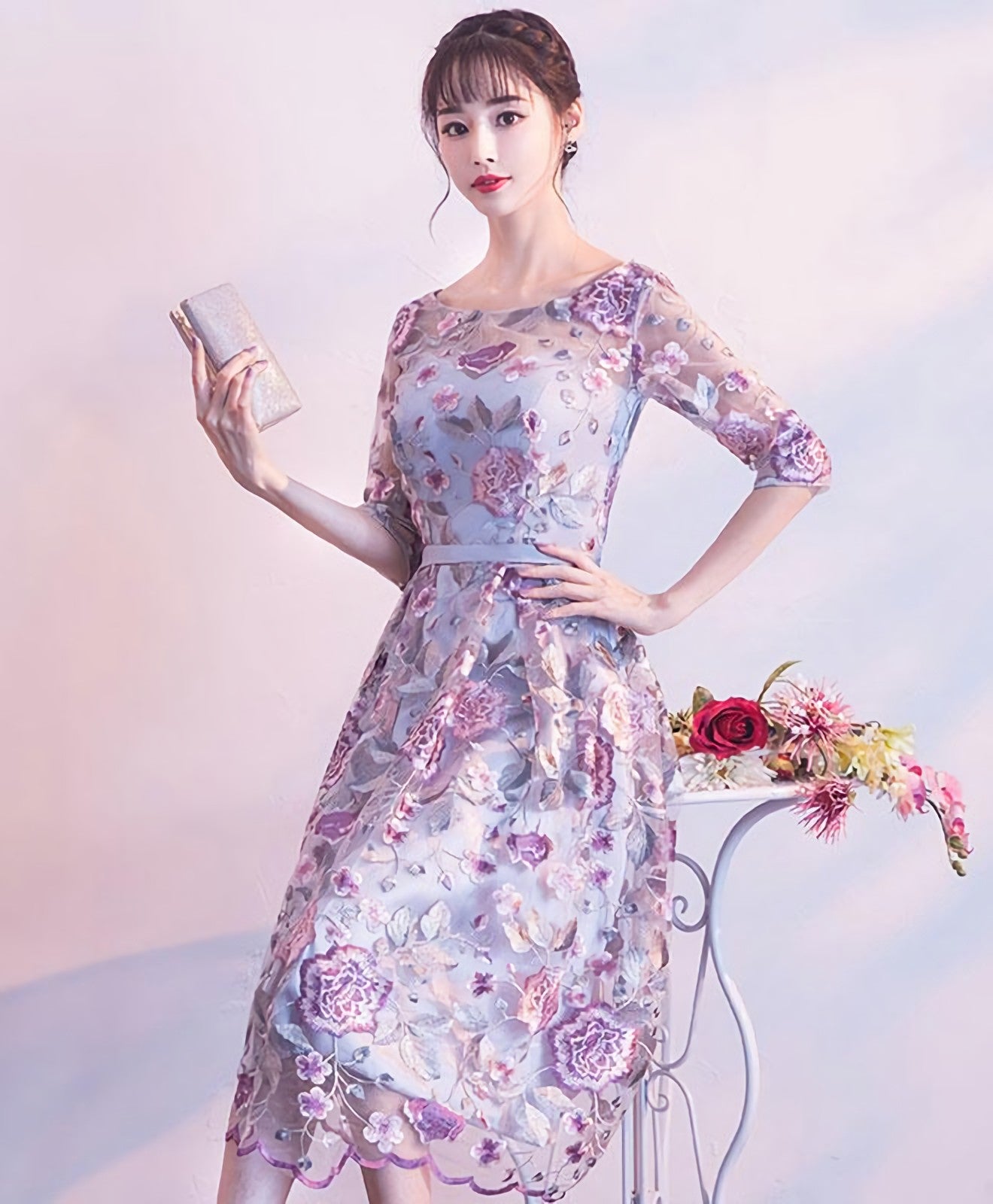 Unique Round Neck Tulle Lace Short Prom Dress Bridesmaid Dresses