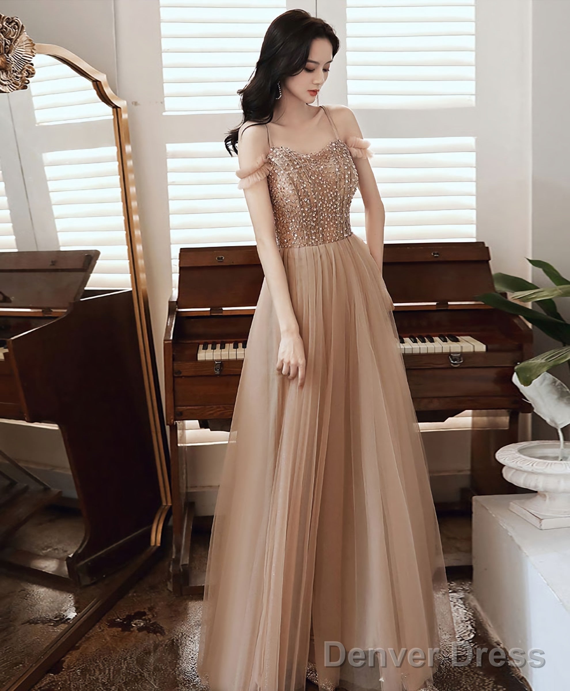 Champagne Sweetheart Tulle Sequin Long Prom Dresses