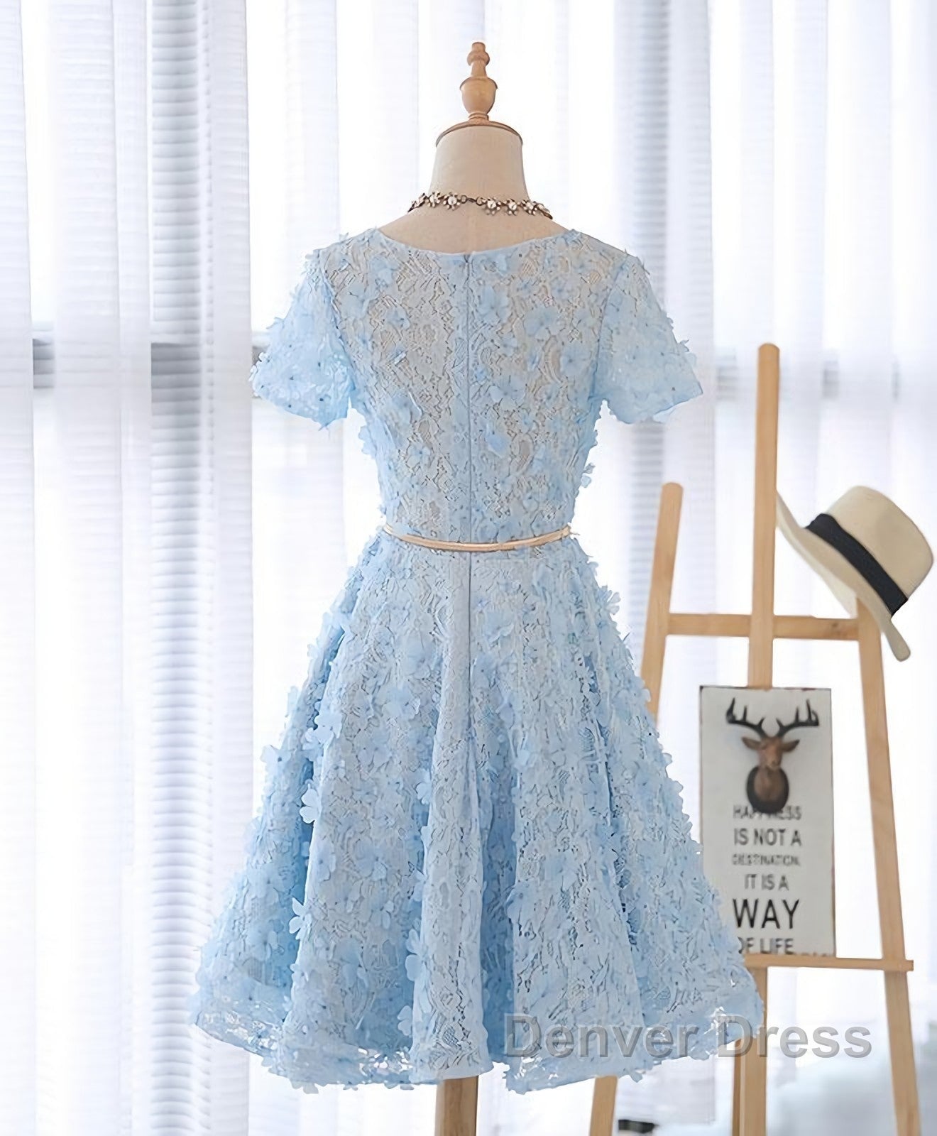 Cute Blue Lace Short Prom Dresses, Blue Homecoming Dresses