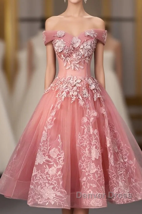 Pink Tulle Lace Off Shoulder Short Prom Dresses, Pink Homecoming Dresses Main image