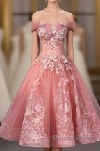 Pink Tulle Lace Off Shoulder Short Prom Dresses, Pink Homecoming Dresses