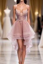 Pink Tulle Lace High Low Prom Dress, Pink Homecoming Dresses, 1