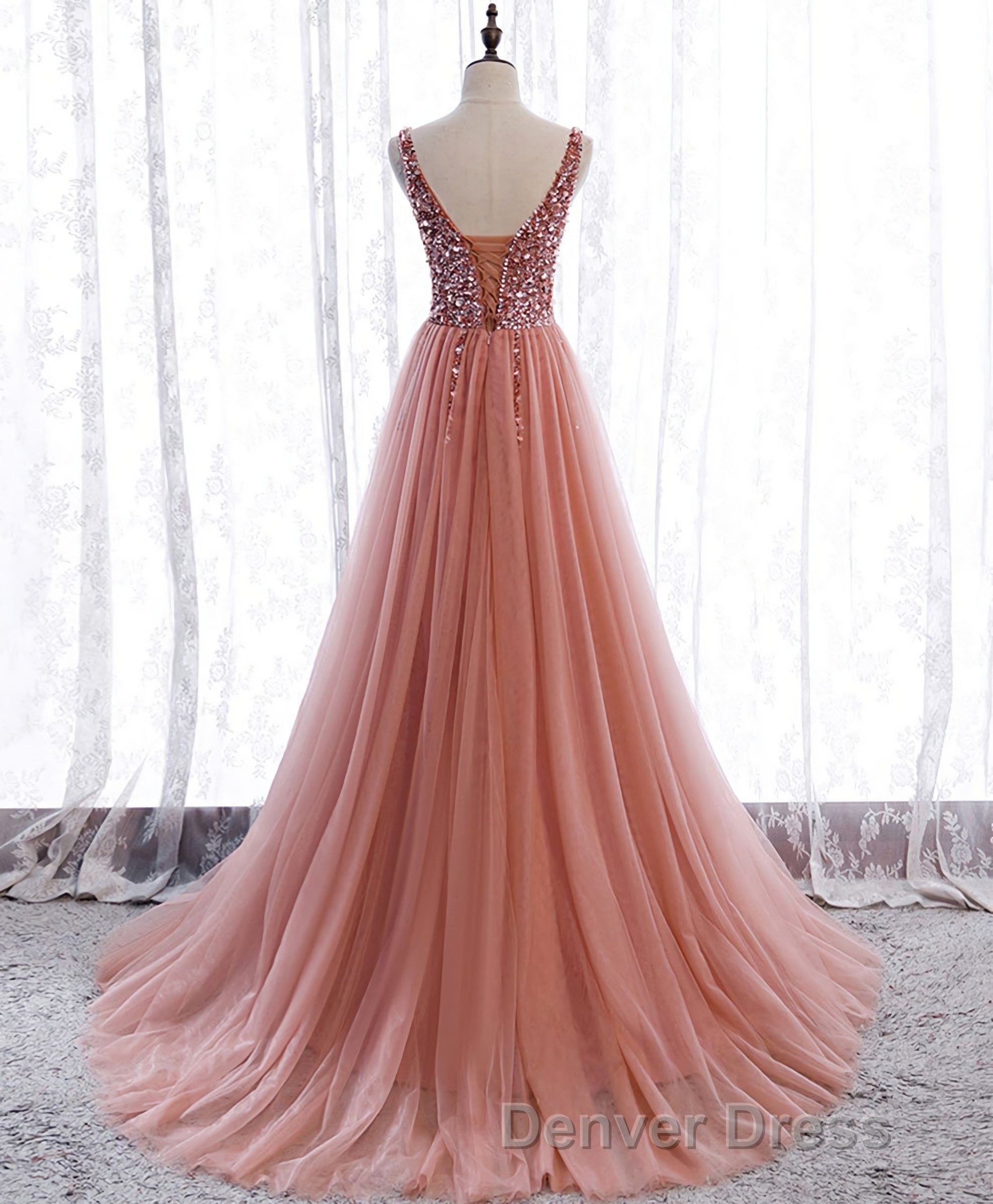 Pink V Neck Tulle Sequin Long Prom Dresses, Pink Formal Dresses