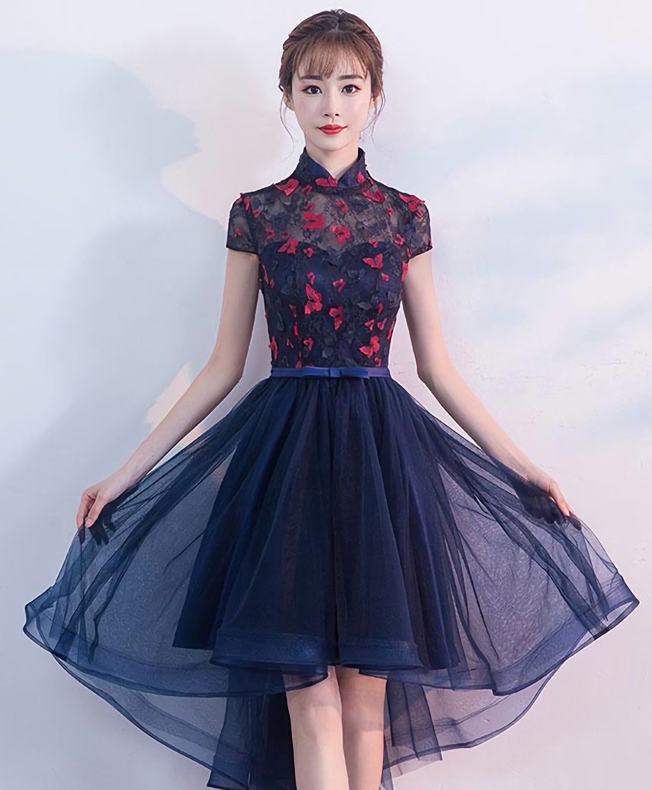 Blue Tulle Lace High Low Prom Dress, Blue Homecoming Dresses